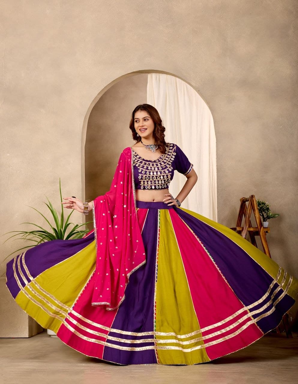 Navratri Pure Cotton Fancy Lace Work Stitched Lehenga Choli Set With Mirror Lace Choli and Georgette Dupatta
