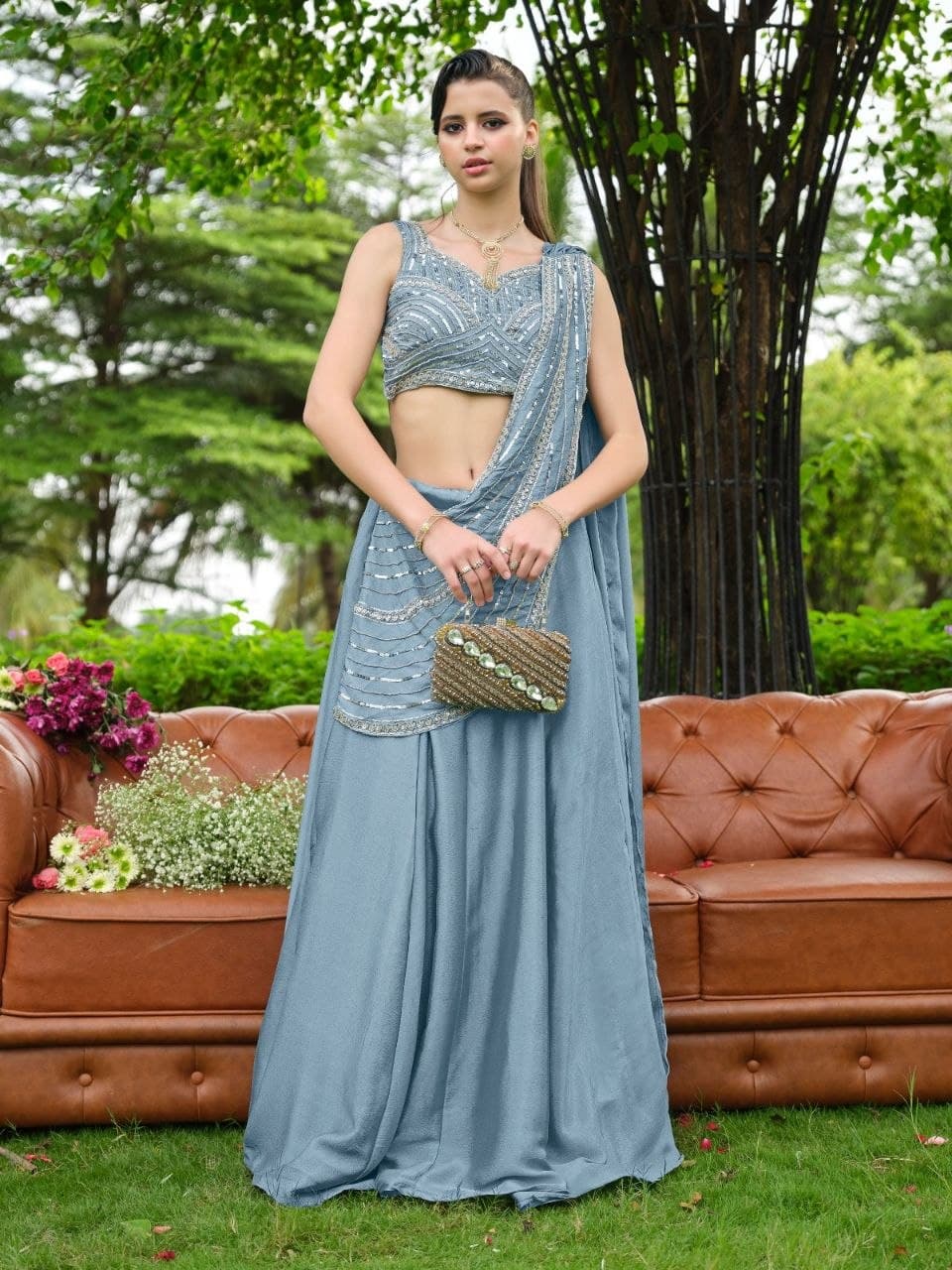 Premium Chinnon Embroidered Lehenga Set with Attached Dupatta and Unstitched Blouse