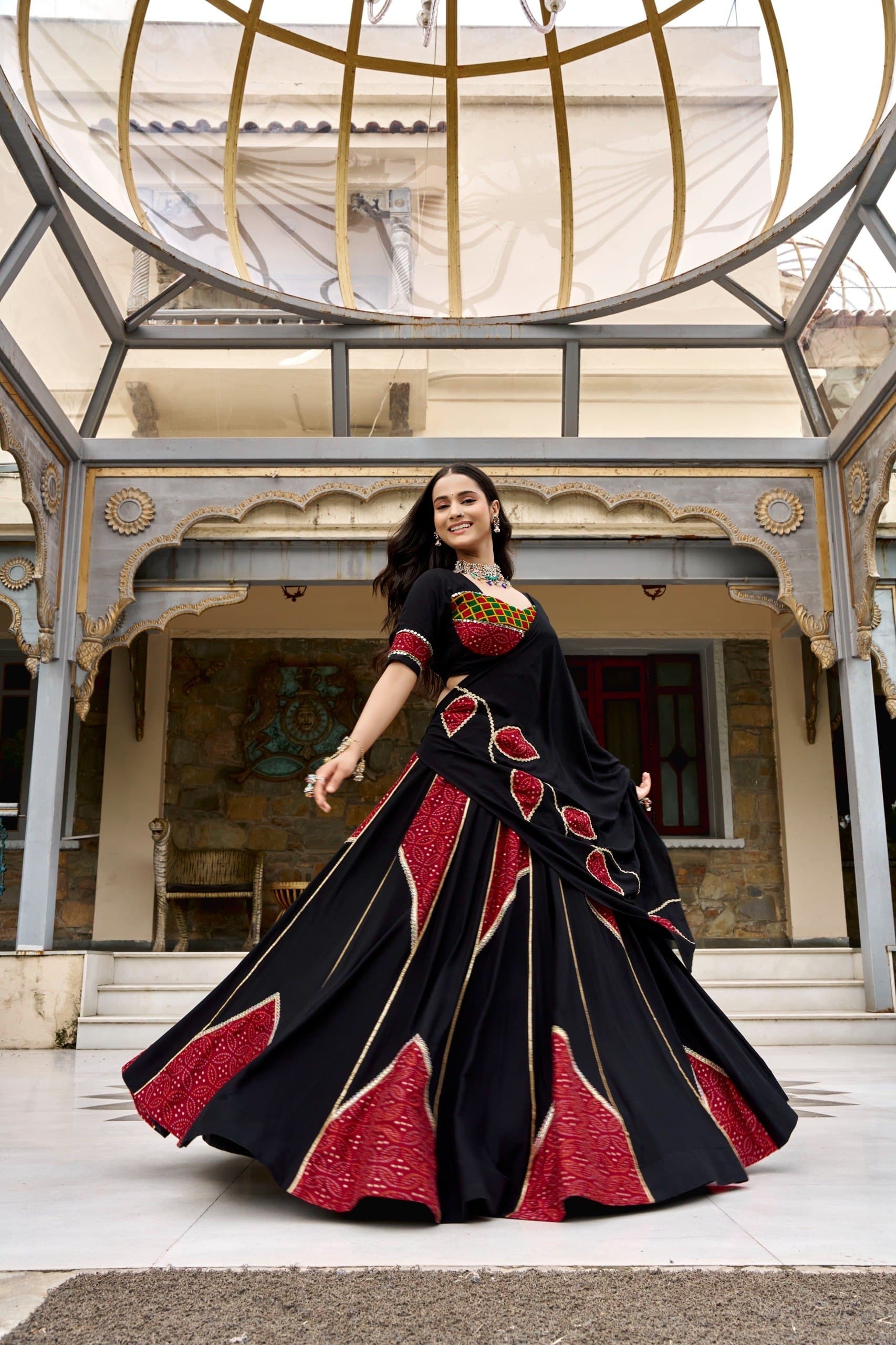 Rayon Ajrakh Print Gotta Patti Mirror Lace Embellished Navratri Lehenga Choli Set