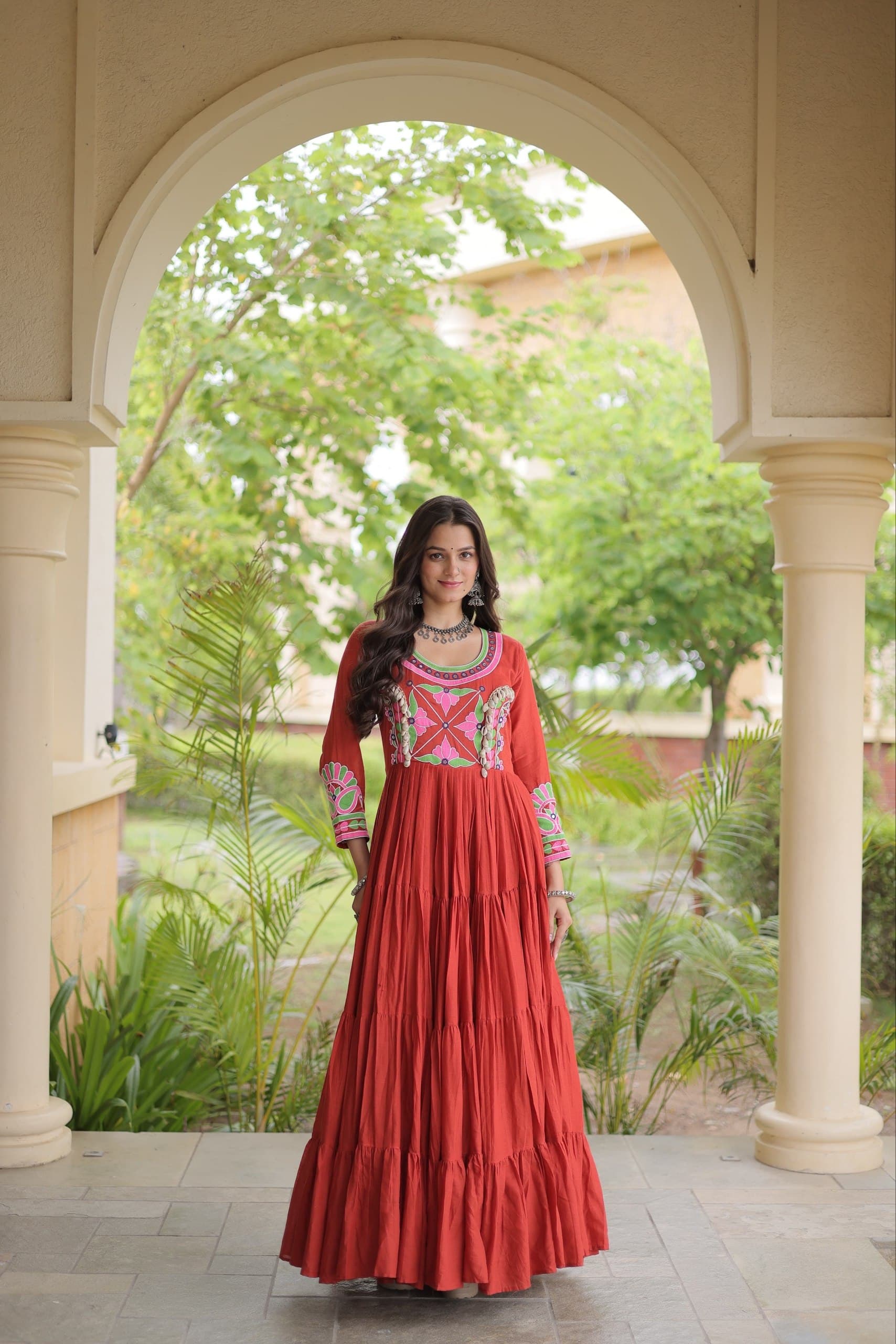 Kora Cotton Multi Thread Embroidered Mirror and Real Codi Work Navratri Gown