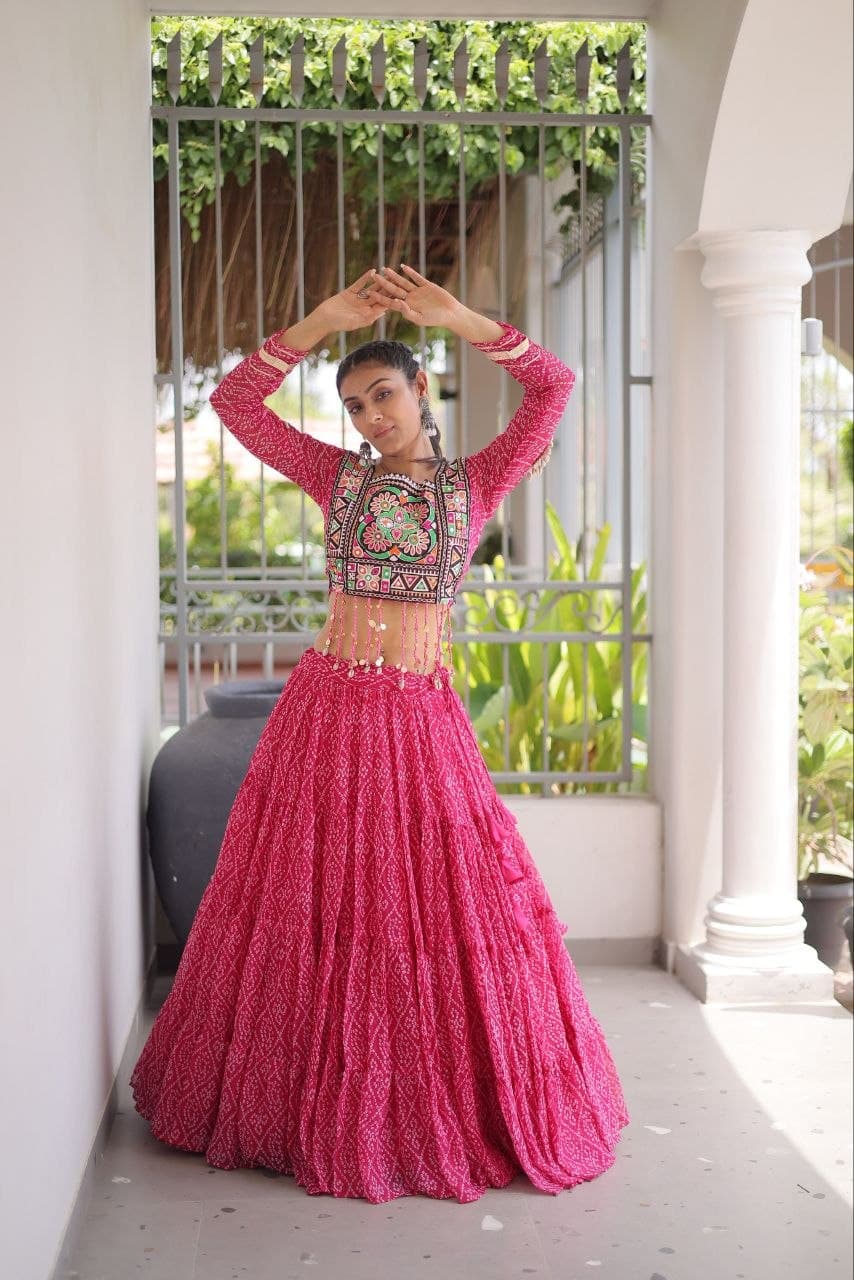 Faux Georgette Laheriya Print Kutchi Patchwork Navratri Gown