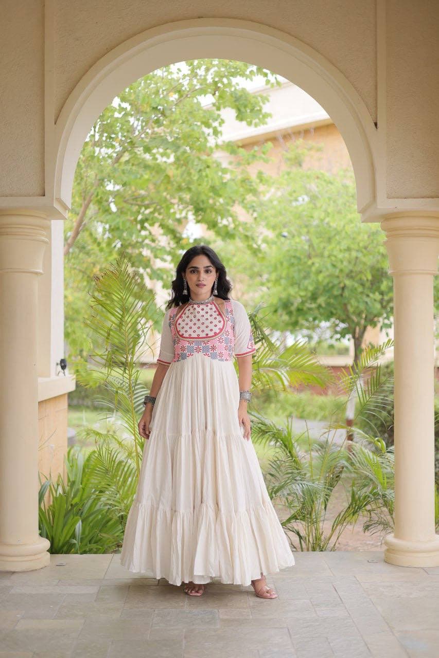 Faux Georgette Bandhani Print Kutchi Patchwork Navratri Gown