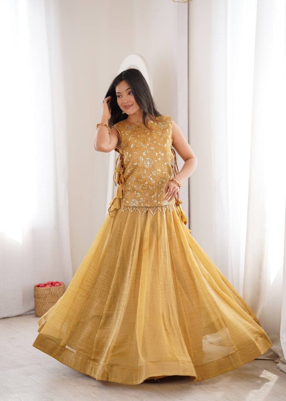 Roman Fabric Coconut Gota Work Stitched Navratri Lehenga Choli