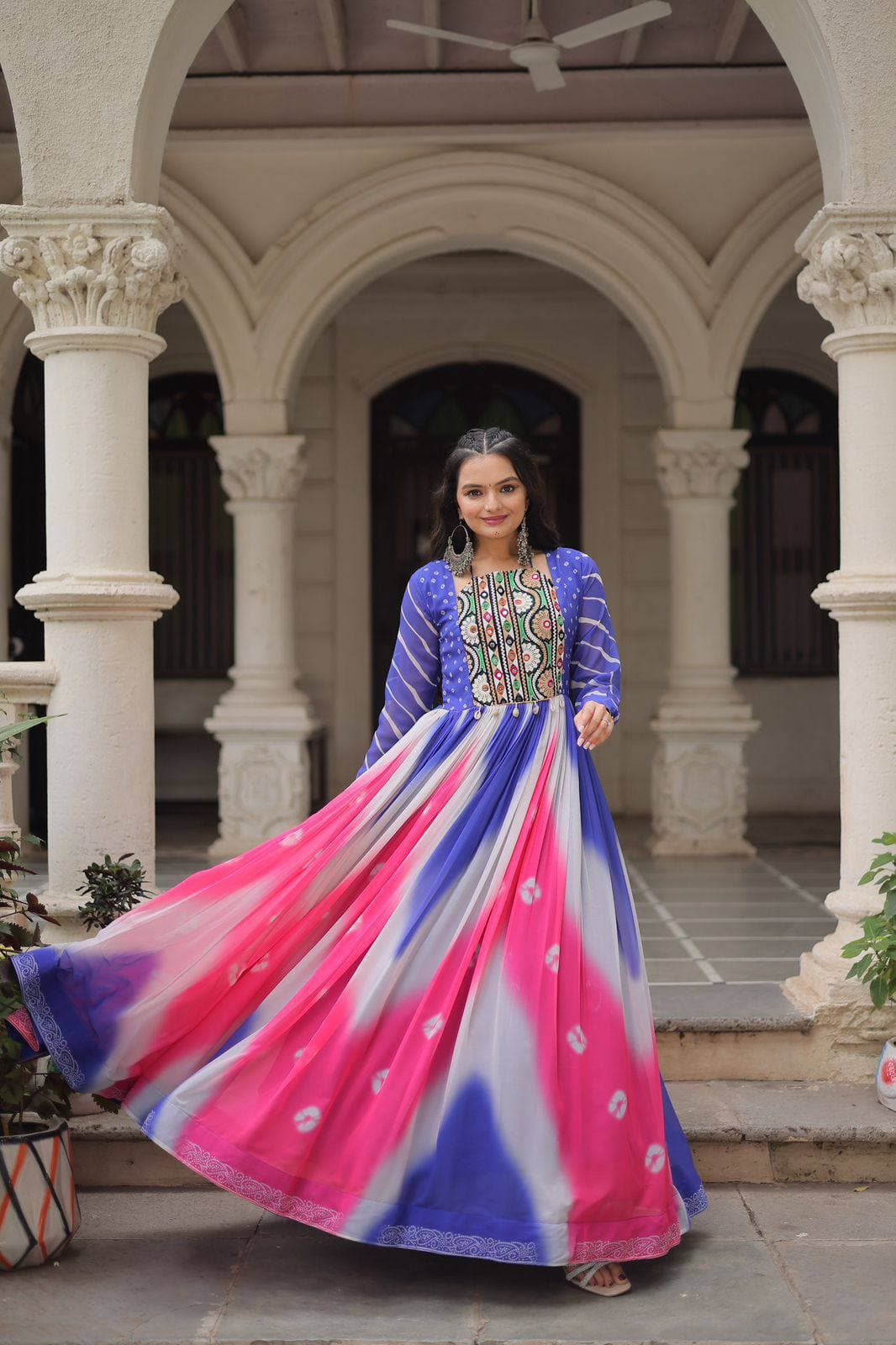 Navratri Bandhej Print Gamthi Embroidered Mirror Work Gown