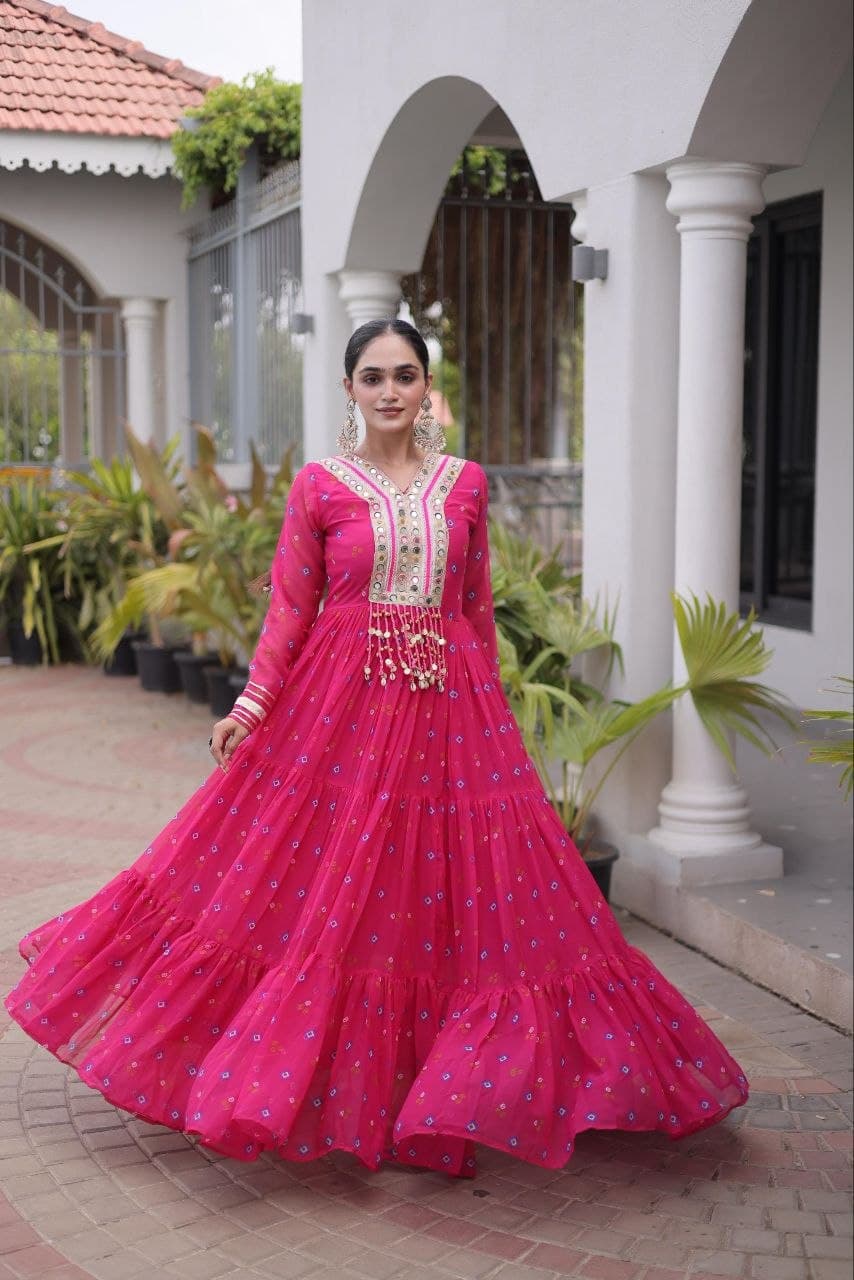 Navratri Laheriya Faux Georgette Kutchi Patchwork Gown