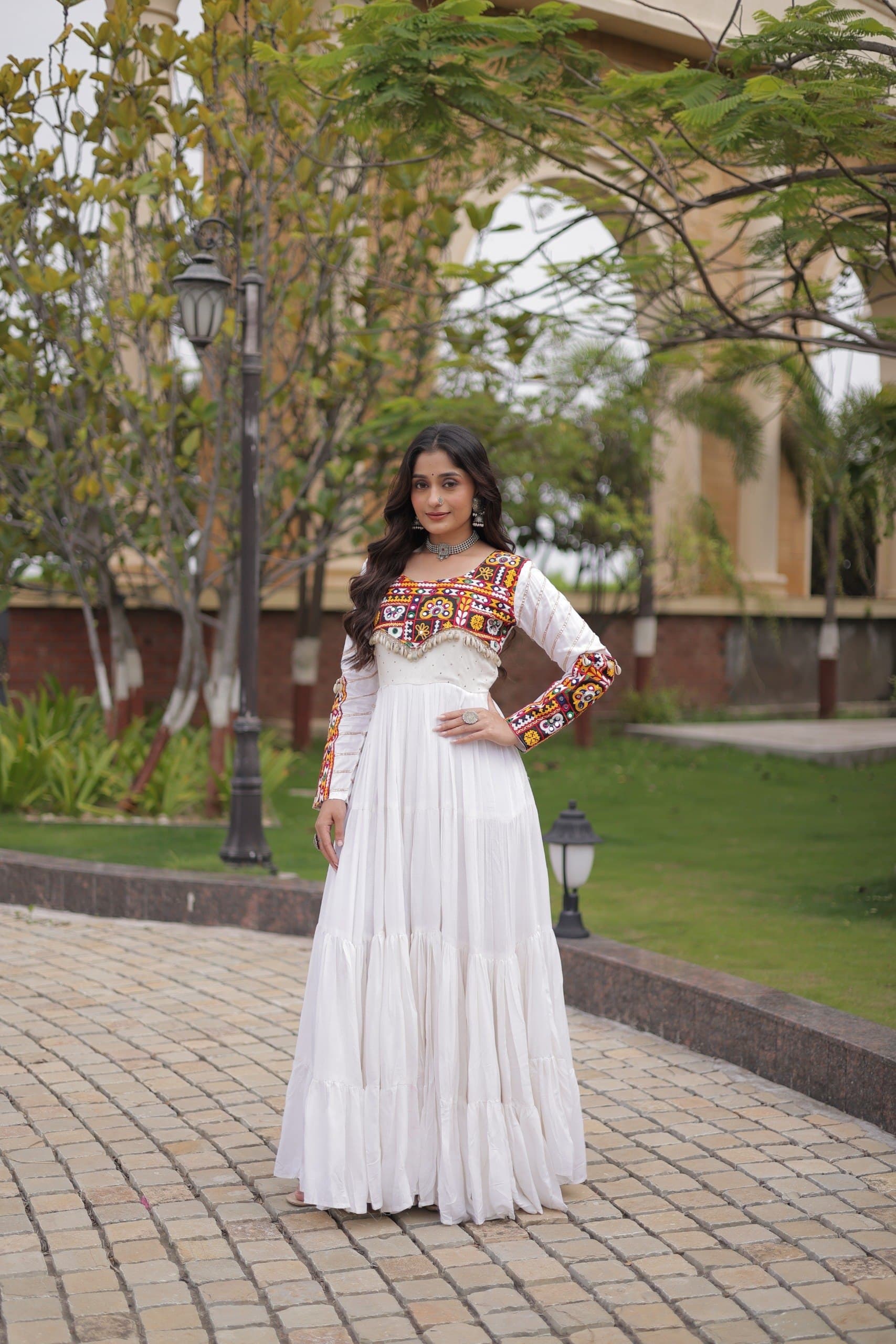 Navratri Rayon Mukaish Gamthi Mirror Gota Patti Lace Gown