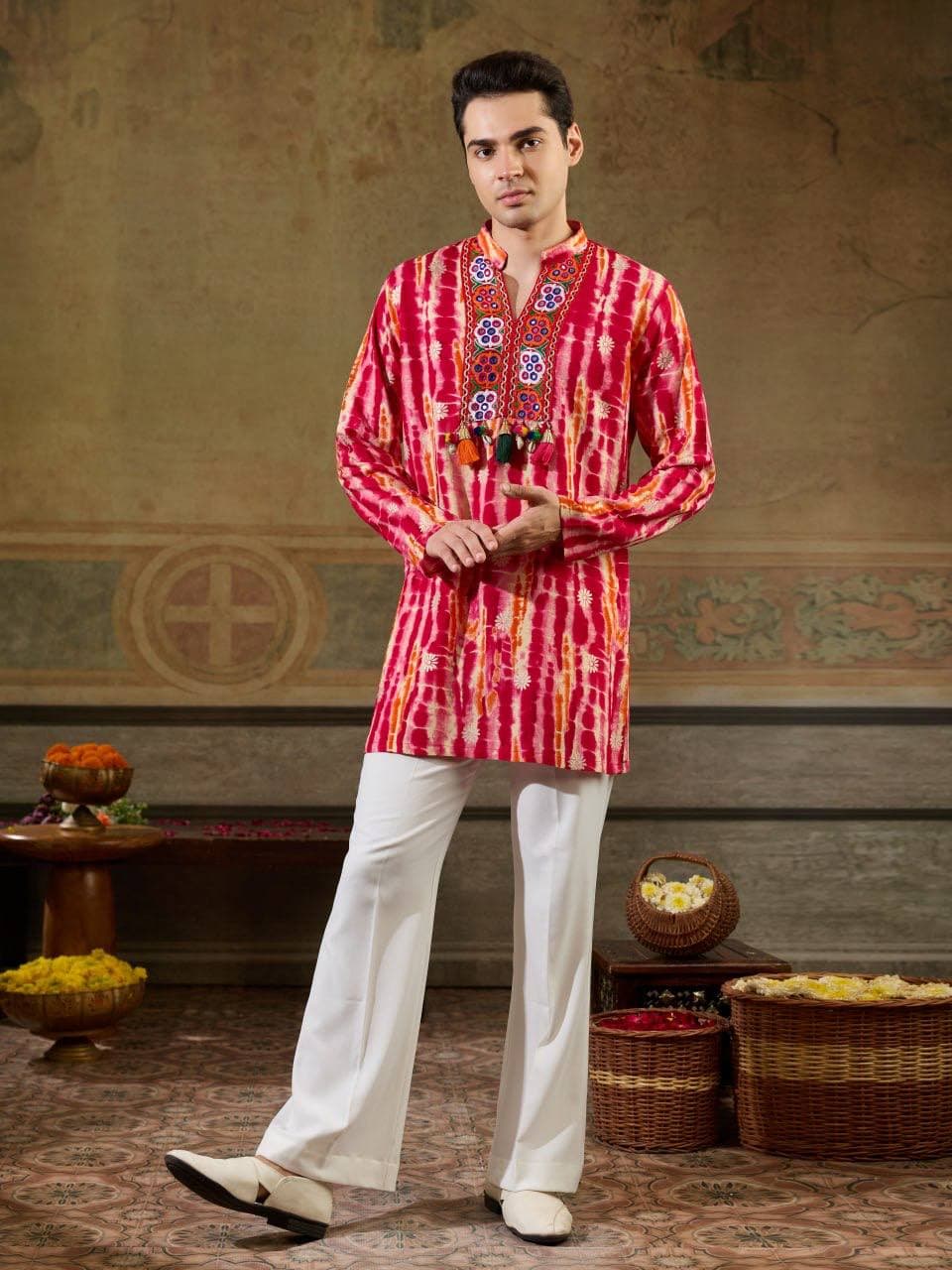 Navratri Leriya Print Heavy Rayon Kutchhi Embroidery Mirror Work Kurta Pant Set