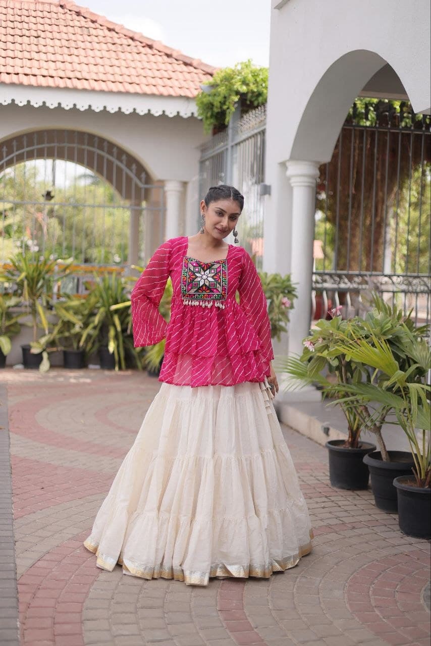 Navratri Kora Cotton Frill Lampi Lace Laheriya Gamthi Lehenga Choli Set