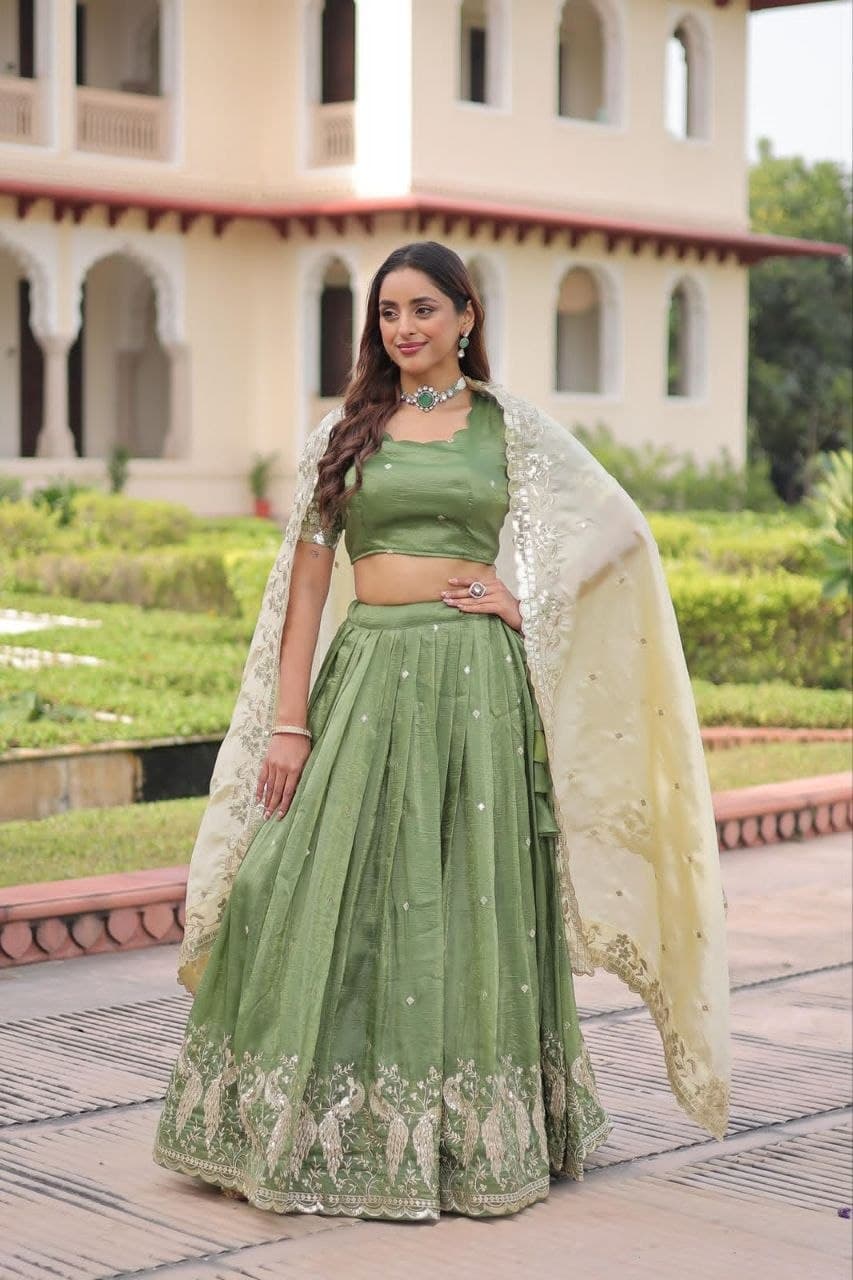Premium Designer Gold Crush Sequins Zari Embroidered Lehenga Choli Dupatta Set