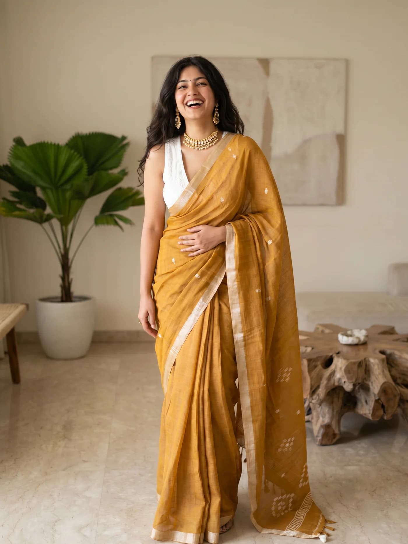 Premium Linen Cotton Digital Print Saree With Tussle Zahlar Detailing