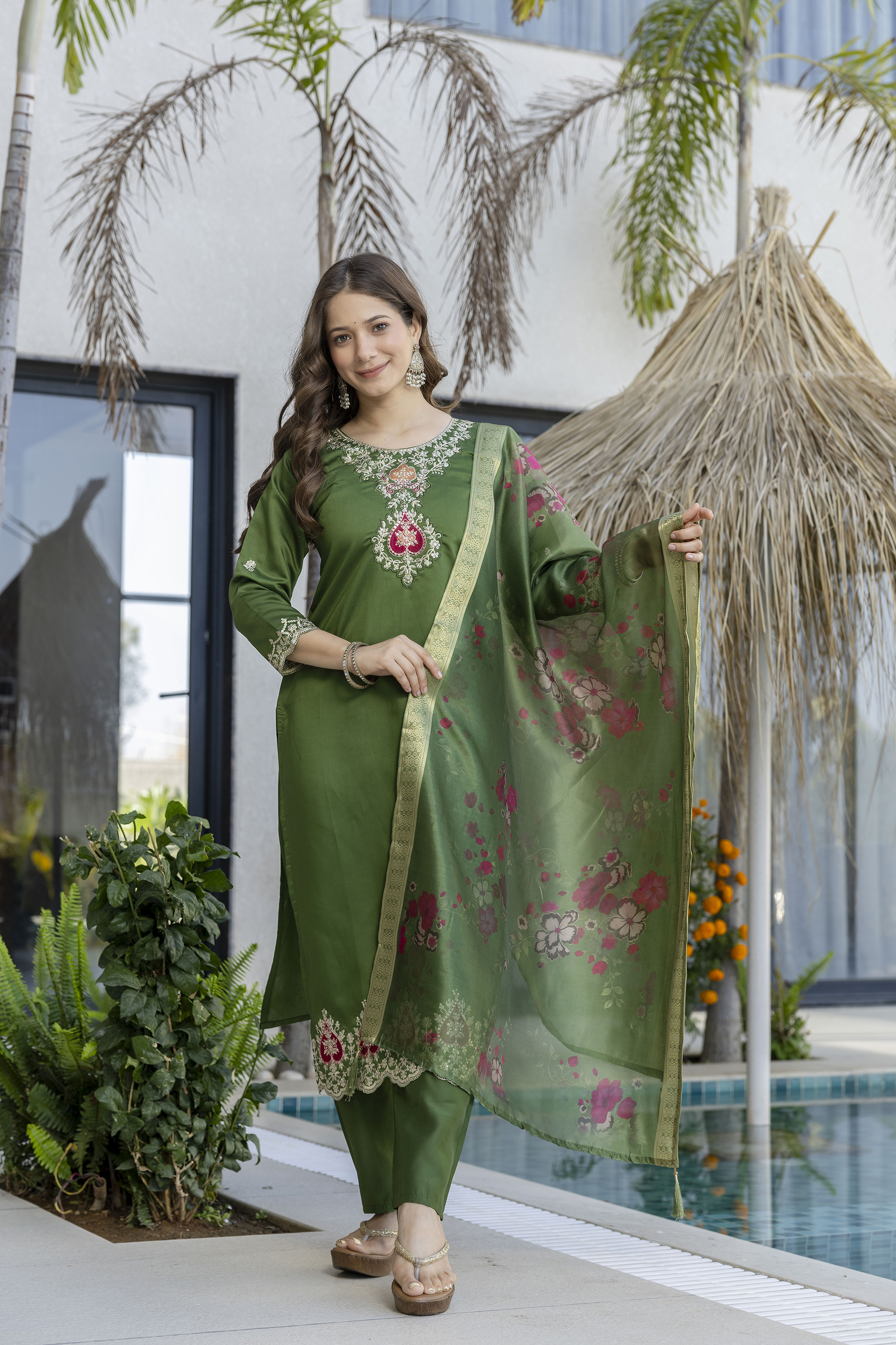 MY Fashion Premium Embroidered Kurti Pant & Pure Tabby Silk Dupatta Set � AF-RUTVI