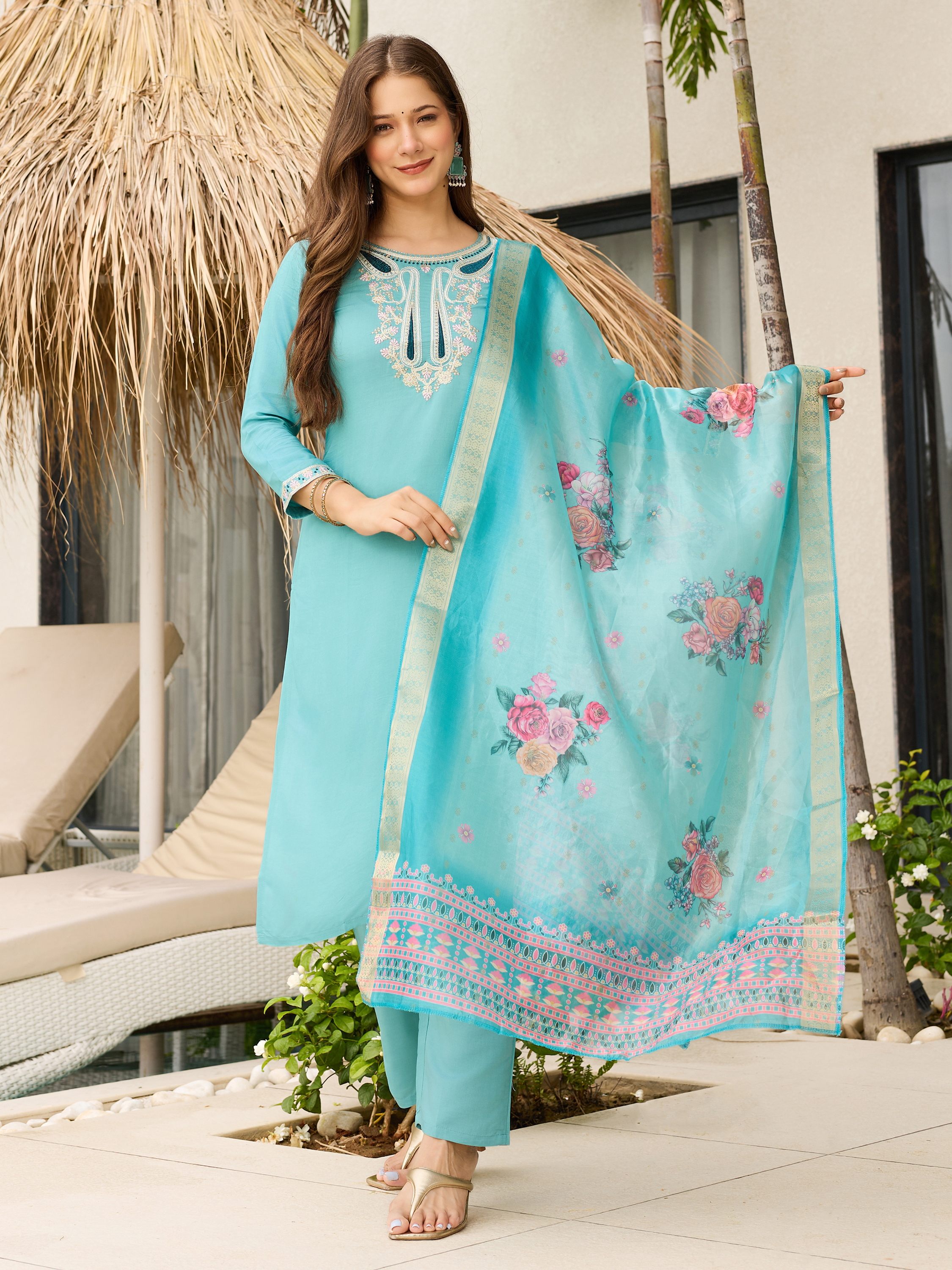 MY Fashion Premium Embroidered Kurti Pant & Silk Printed Dupatta Set � D595