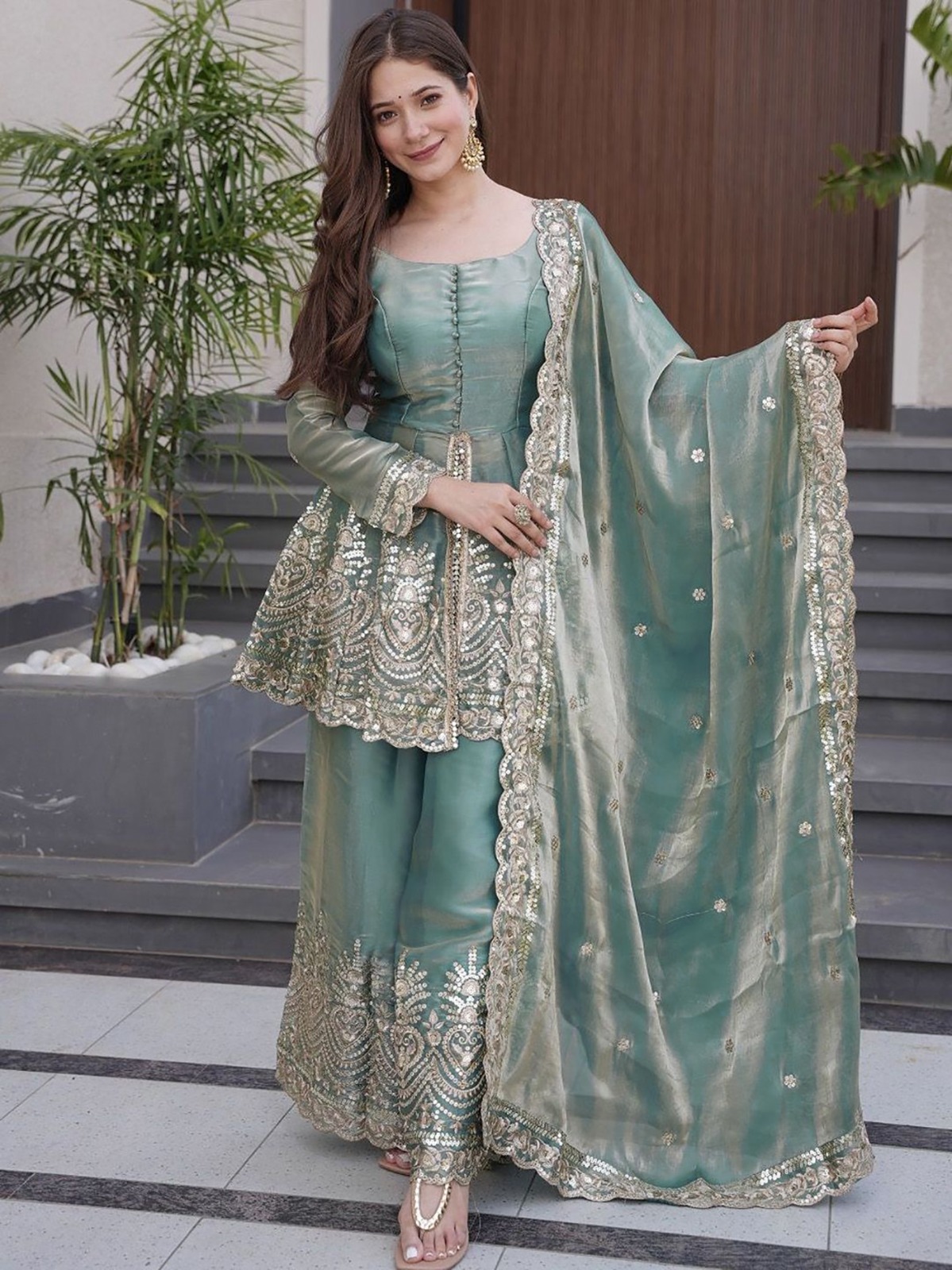 MY Fashion Premium Embroidered P.V. Chanderi Kurti Pant & Dupatta Set � DI-INDIRA